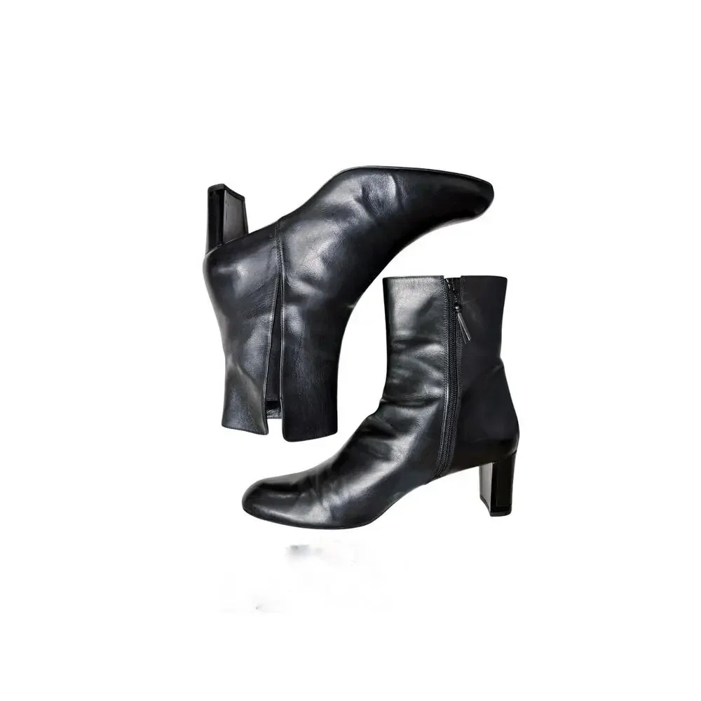 Stuart Weitzman Black Leather Ankle Boots Almond Toe Heeled Minimalist Booties